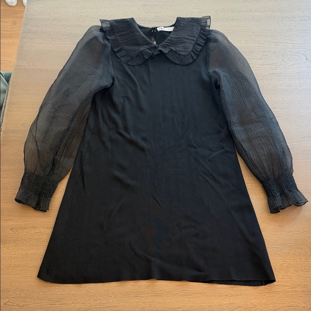 Zara Black Mini Dress with Sheer Puff Sleeves